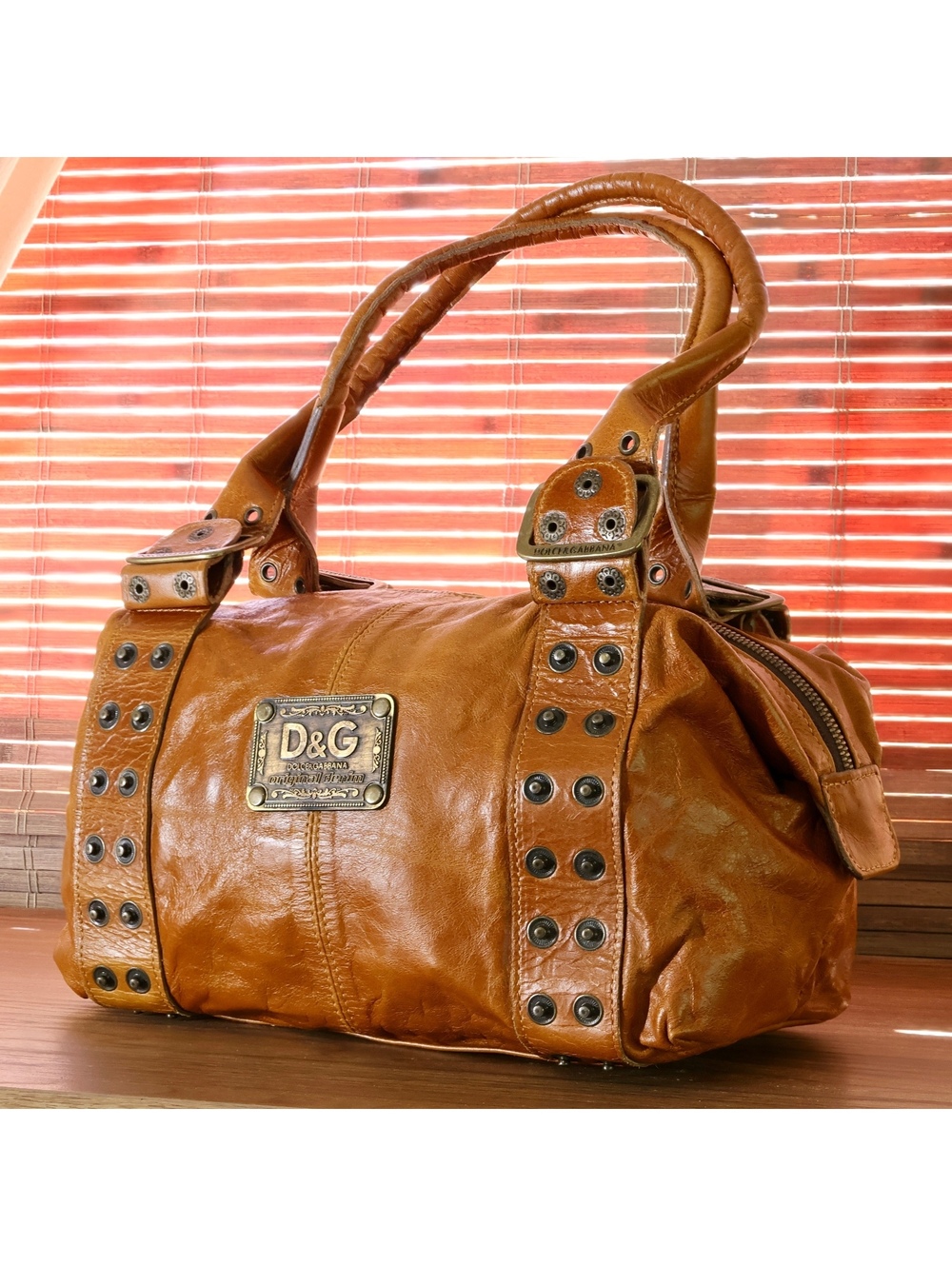 Vintage D&G Dolce & Gabbana Studded Leather Slouchy Shoulder Bag Cognac Y2K